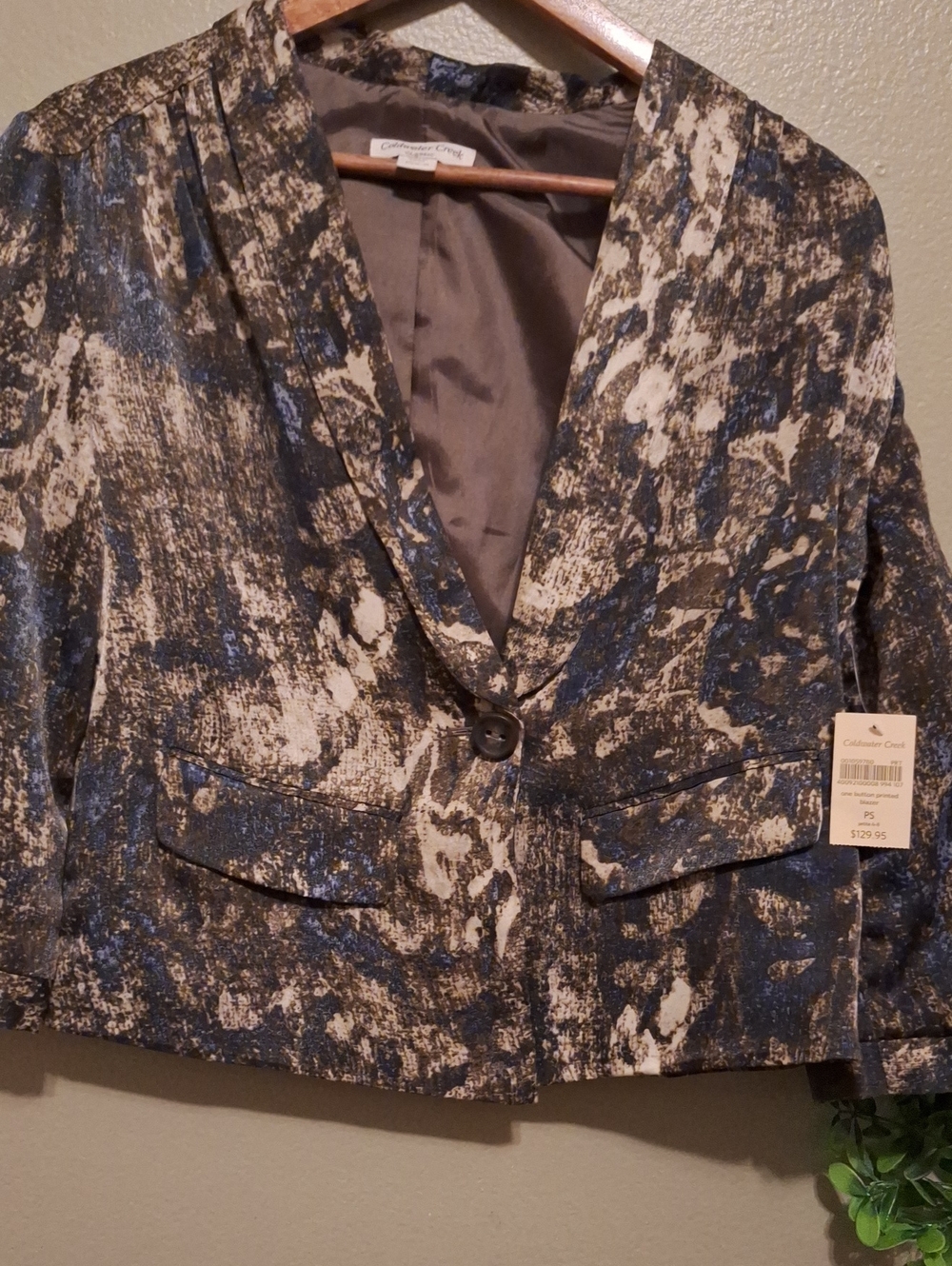 Coldwater Creek Blue, Gray and Cream Patterned Cropped Blazer